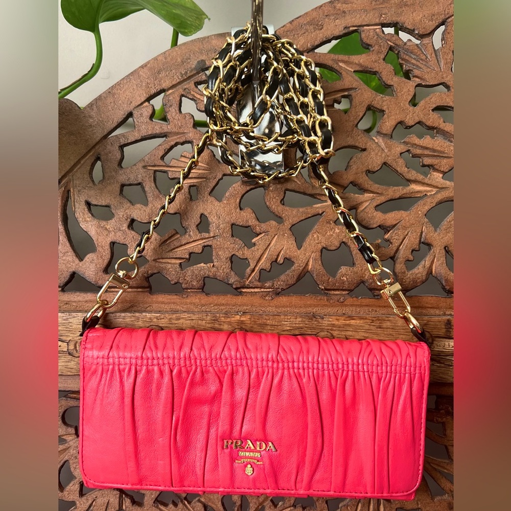 Prada Saffiano Pink Nappa Gaufre Long Wallet with Chain WOC - Picture 2 of 14